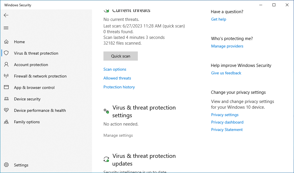 Manage Virus and threat protection settings