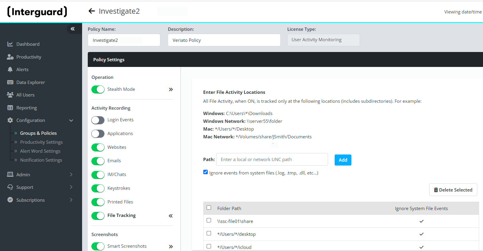 File Tracking Policy Settings